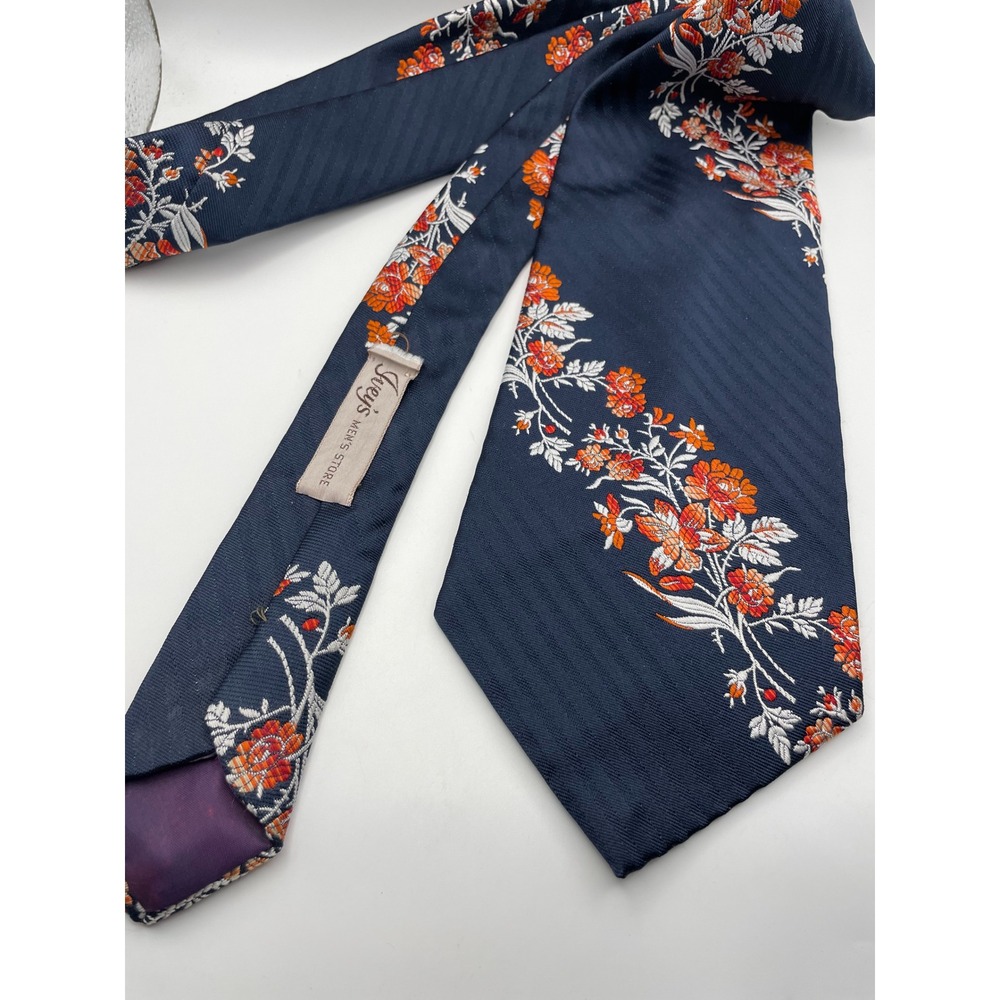 Vintage Kipper Ivey's Mens Store Navy Blue Orange Floral Wide Necktie 4 Inch